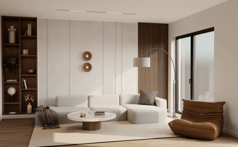 Wnętrze salonu w stylu minimalistycznym z jasnymi meblami i drewnianymi detalami