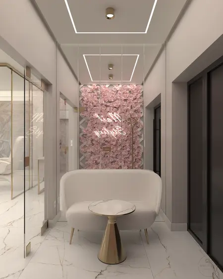 Przedpokój z różowym tłem, białą sofą i marmurową podłogą, styl glamour i nowoczesny.