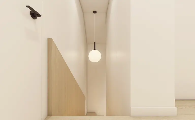 Korytarz w stylu japandi z minimalistycznym oświetleniem.