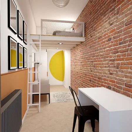 Wnętrze z ceglaną ścianą, białym biurkiem i żółtym akcentem w stylu dopamine decor.