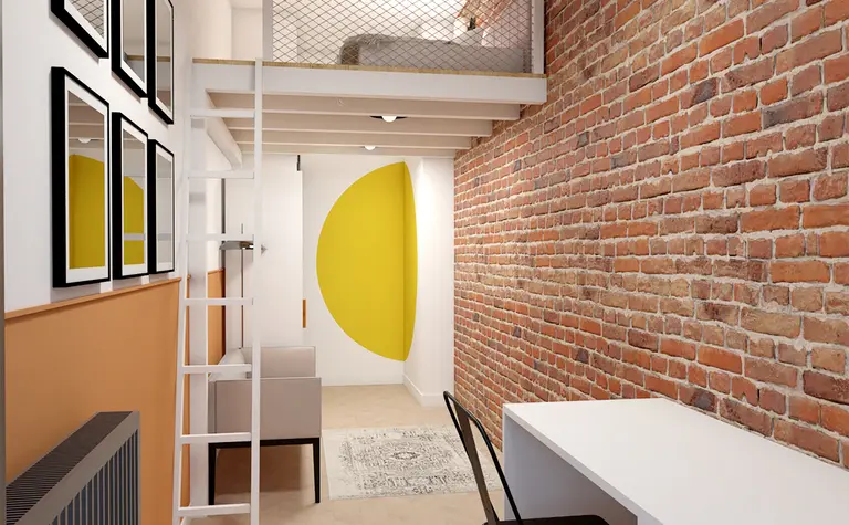 Wnętrze z ceglaną ścianą, białym biurkiem i żółtym akcentem w stylu dopamine decor.