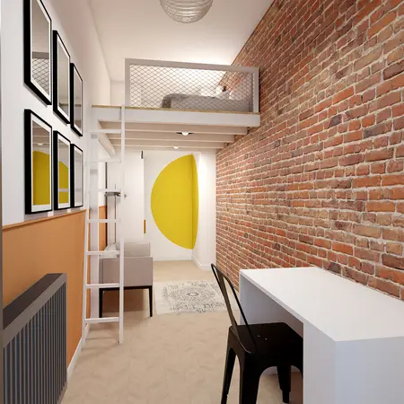 Wnętrze z ceglaną ścianą, białym biurkiem i żółtym akcentem w stylu dopamine decor.