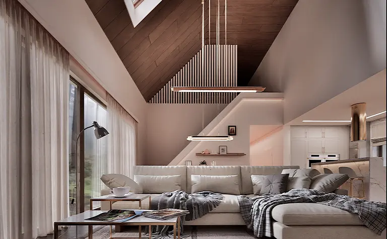 Wnętrze salonu z minimalistycznym designem, glamour akcentami i nowoczesnymi elementami.