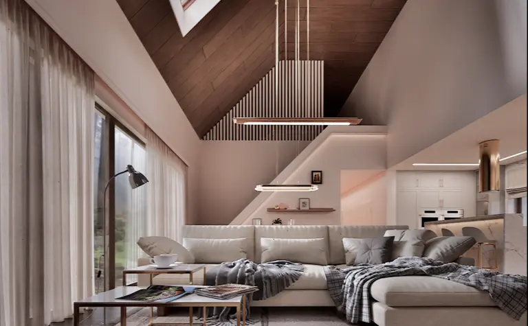 Wnętrze salonu z minimalistycznym designem, glamour akcentami i nowoczesnymi elementami.