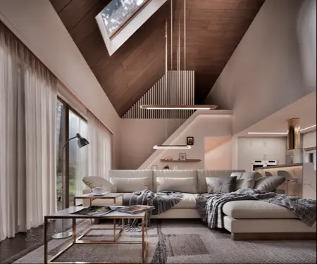 Wnętrze salonu z minimalistycznym designem, glamour akcentami i nowoczesnymi elementami.