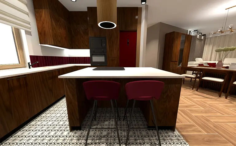 Kuchnia eklektyczna z drewnianymi meblami i czerwonymi akcentami, nowoczesne wykończenie.