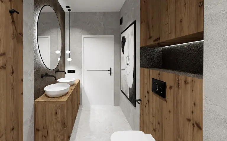 Nowoczesna łazienka w stylu industrialnym, rustykalnym i vintage z drewnianymi akcentami.