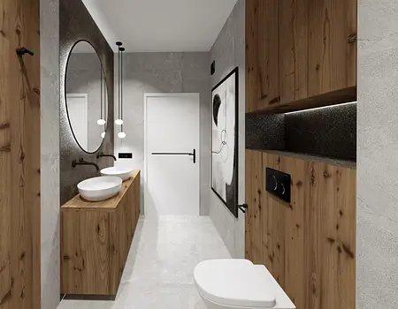 Nowoczesna łazienka w stylu industrialnym, rustykalnym i vintage z drewnianymi akcentami.