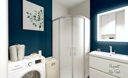 Nowoczesna łazienka z prysznicem, białą umywalką i ciemnoniebieskimi ścianami.