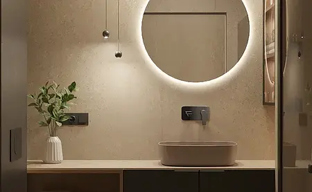 Nowoczesny przedpokój z drewnianą szafką i oświetleniem LED, minimalistyczny design.