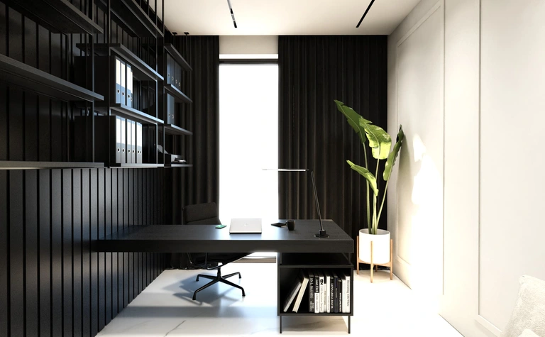 Gabinet w stylu minimaluxe z czarnym biurkiem, rośliną i nowoczesnymi detalami.