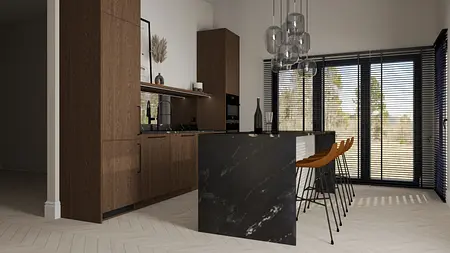 Wnętrze kuchni z brązowymi meblami i czarnym blatem, minimalistyczny i nowoczesny styl.