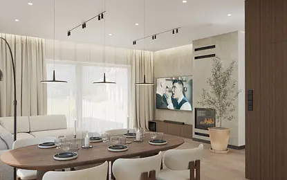 Wnętrze salonu z minimalistycznym designem, nowoczesnymi meblami i współczesnymi akcentami.