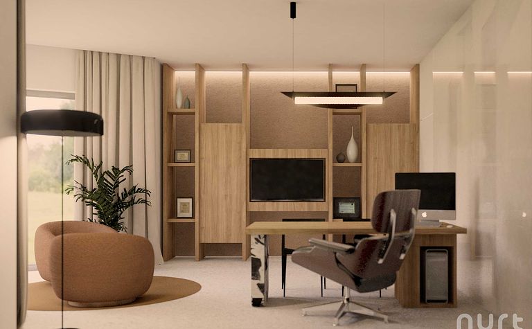 Biuro - czarne obłości, brzoskwiniowe plany, straciatella