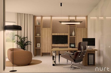 Biuro - czarne obłości, brzoskwiniowe plany, straciatella