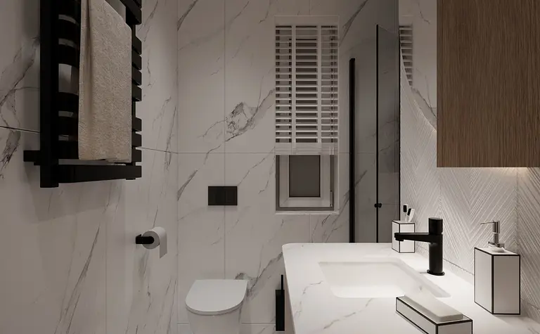 Nowoczesna łazienka w minimalistycznym stylu z drewnianymi detalami