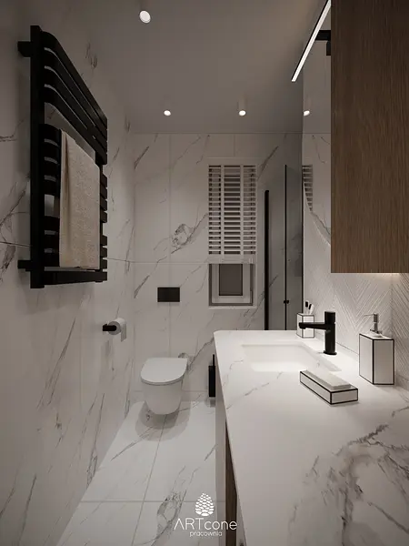 Nowoczesna łazienka w minimalistycznym stylu z drewnianymi detalami