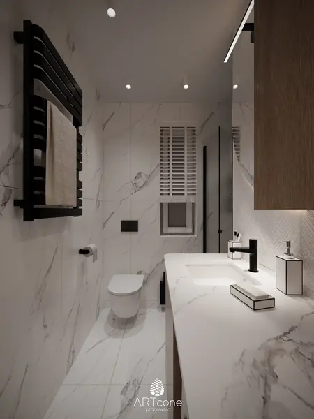 Nowoczesna łazienka w minimalistycznym stylu z drewnianymi detalami