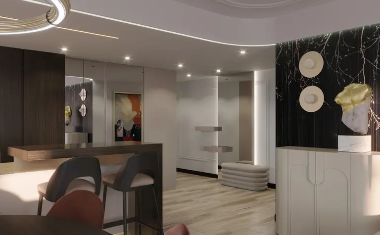 Wnętrze z elementami art deco i glamour, z drewnianą podłogą i dekoracjami.