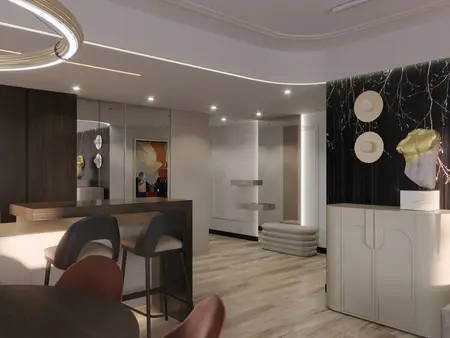 Wnętrze z elementami art deco i glamour, z drewnianą podłogą i dekoracjami.