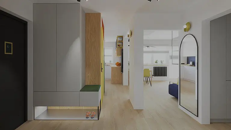 Przedpokój z zieloną ławką, drewnianymi meblami i dużym lustrem w stylu dopamine decor.