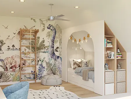Pokój dziecięcy w stylu japandi i współczesnym z dinozaurami