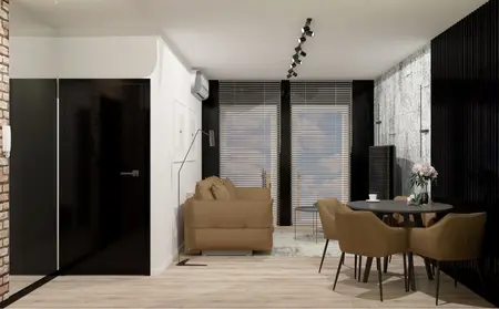Eklektyczne wnętrze z industrialnym akcentem, brązowa sofa, czarny stół, współczesne elementy.