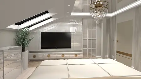 Wnętrze sypialni z białym łóżkiem, telewizorem i nowoczesnym oświetleniem.