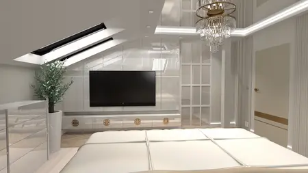 Wnętrze sypialni z białym łóżkiem, telewizorem i nowoczesnym oświetleniem.