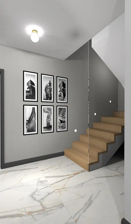 Wnętrze nowoczesnego przedpokoju z drewnianymi schodami, obrazami w stylu art deco, glamour i japandi.