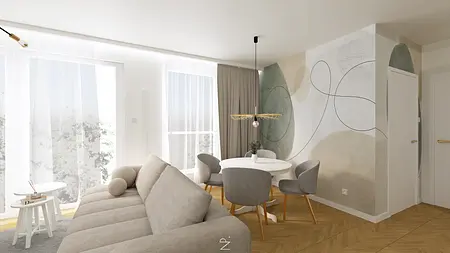 Wnętrze w stylu art deco i boho z jasnym stołem i szarymi krzesłami.