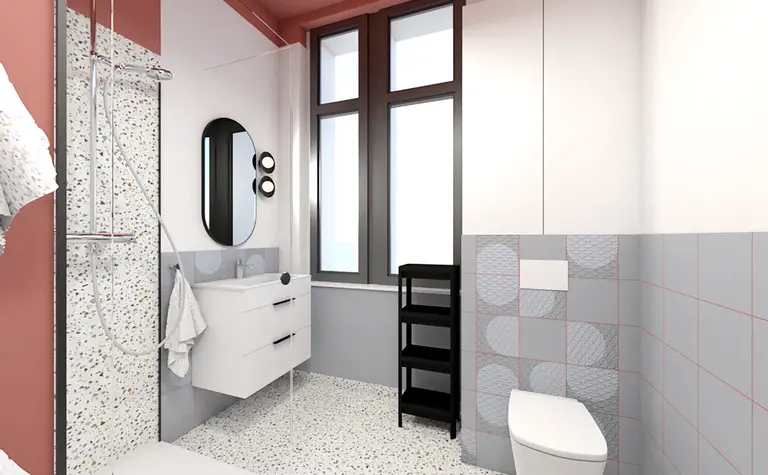 Nowoczesna łazienka z białymi meblami, szarymi płytkami i elementami dopamine decor.
