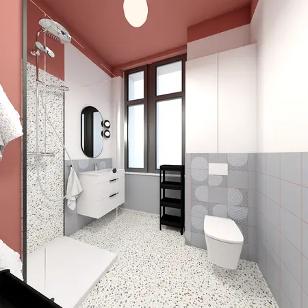 Nowoczesna łazienka z białymi meblami, szarymi płytkami i elementami dopamine decor.