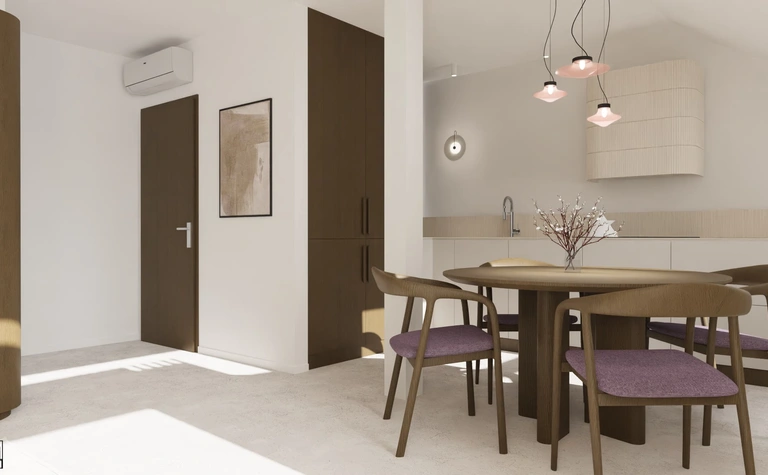 Wnętrze kuchni z drewnianymi meblami, minimalistyczne akcenty i oświetlenie art deco.