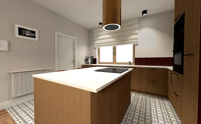 Kuchnia w stylu eklektycznym z drewnianymi meblami, białym blatem i nowoczesnymi akcentami.