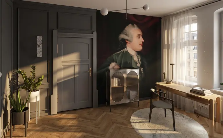 Wnętrze pokoju z szarymi ścianami, drewnianymi meblami i roślinami w doniczkach, dopamine decor.