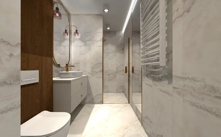 Współczesna łazienka z drewnianymi elementami i dużym lustrem