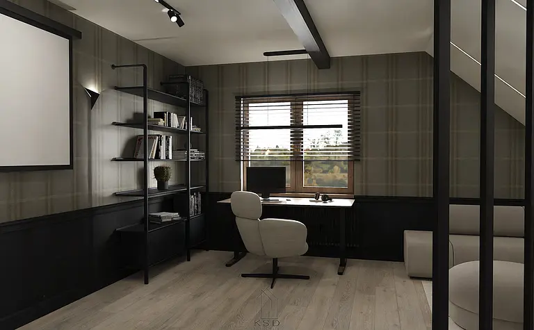 Gabinet w stylu minimalistycznym z biurkiem, półkami i oknem.