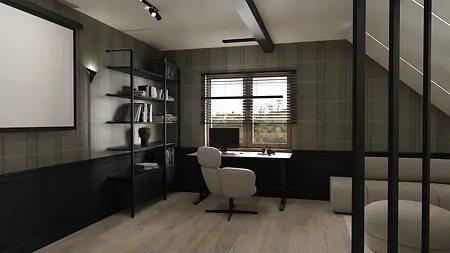 Gabinet w stylu minimalistycznym z biurkiem, półkami i oknem.