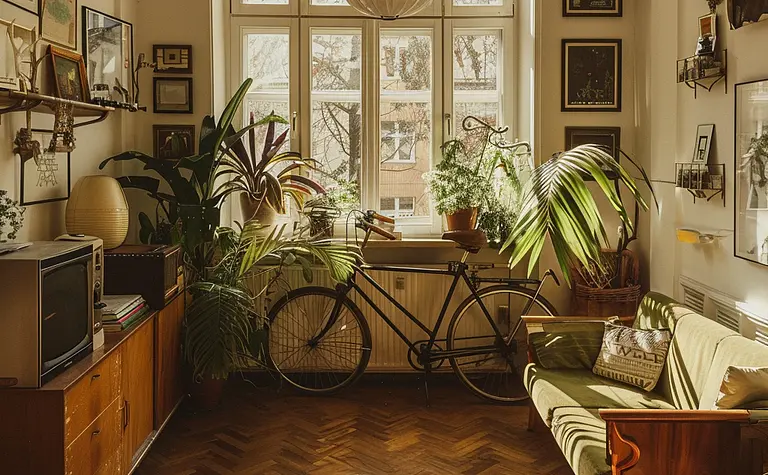 Wnętrze w stylu boho z roślinami i drewnianymi meblami