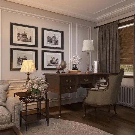 Wnętrze gabinetu w stylu vintage z drewnianym biurkiem i decoracyjnymi obrazami.