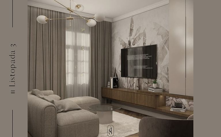 Wnętrze salonu z elementami quiet luxury i vintage, szare zasłony, drewniane meble.