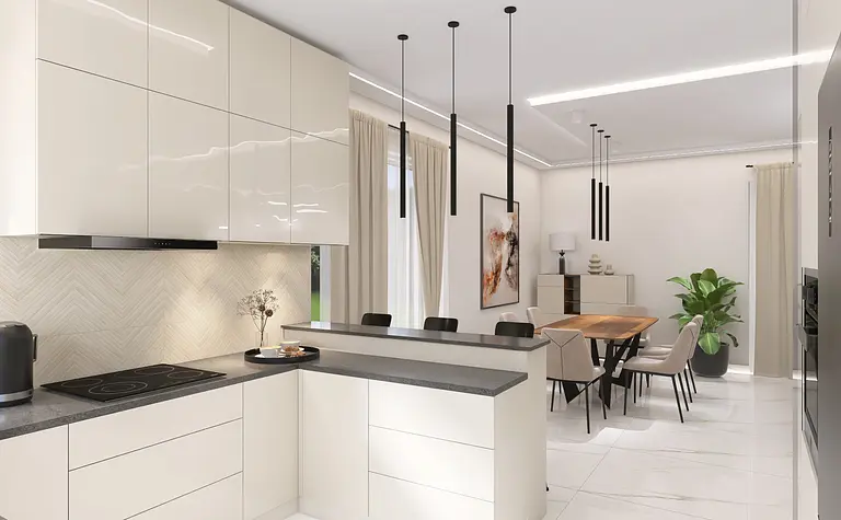 Wnętrze kuchni z białymi meblami, drewnianym blatem i nowoczesnym oświetleniem.