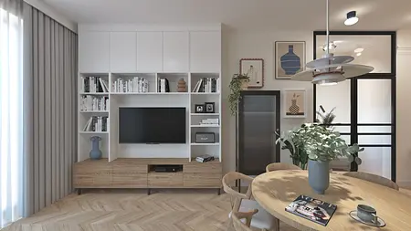 Wnętrze salonu w stylu boho, japandi, minimalistycznym z drewnianymi akcentami.