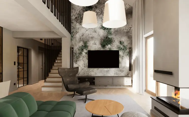 Wnętrze salonu z zieloną sofą i kominkiem w stylu industrialnym.