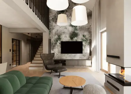 Wnętrze salonu z zieloną sofą i kominkiem w stylu industrialnym.