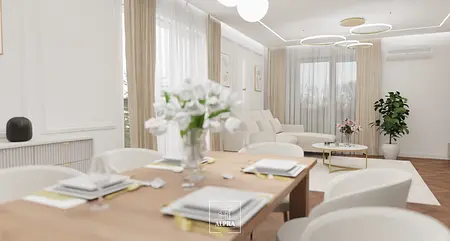 Wnętrze jadalni z białymi meblami i roślinami, nowoczesny, quiet luxury.