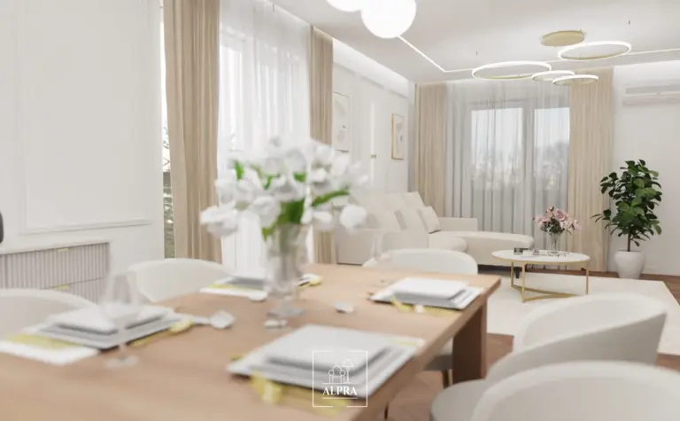 Wnętrze jadalni z białymi meblami i roślinami, nowoczesny, quiet luxury.