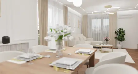 Wnętrze jadalni z białymi meblami i roślinami, nowoczesny, quiet luxury.