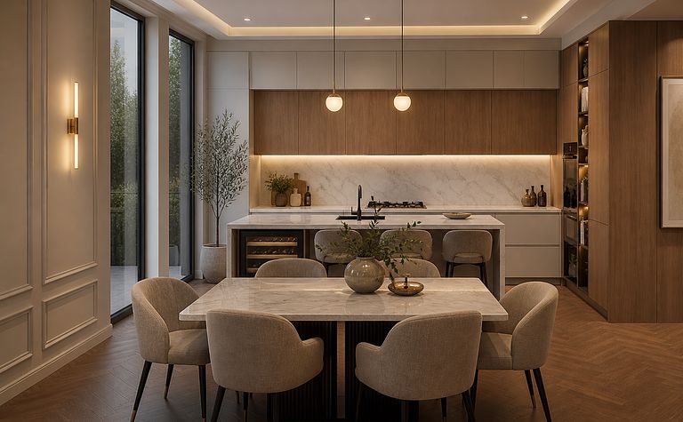 Wnętrze kuchni z marmurowym blatem, drewnianymi meblami, styl minimaluxe i quiet luxury.